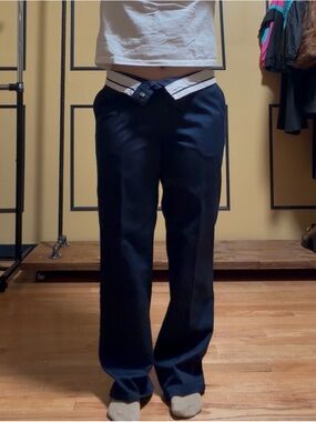 Navy Straight Leg Pants with Foldable Waistband